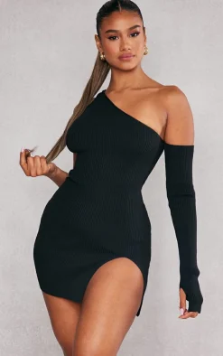 Rib Knit One Sleeve Split Mini Dress-PrettyLittleThing Outlet