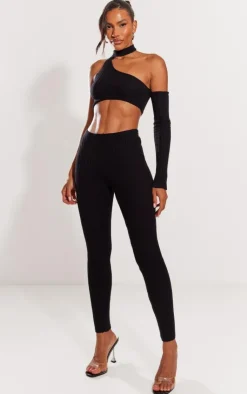 Hot PrettyLittleThing Rib Knit One Sleeve Top & Leggings Set Black