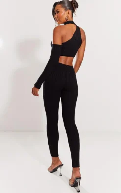 Hot PrettyLittleThing Rib Knit One Sleeve Top & Leggings Set Black