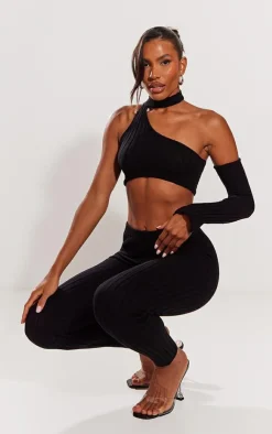 Hot PrettyLittleThing Rib Knit One Sleeve Top & Leggings Set Black