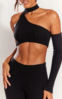 Hot PrettyLittleThing Rib Knit One Sleeve Top & Leggings Set Black