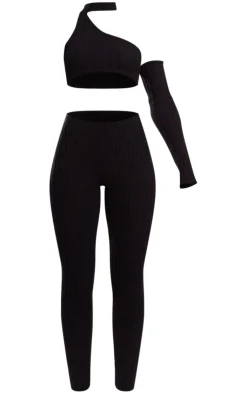 Hot PrettyLittleThing Rib Knit One Sleeve Top & Leggings Set Black