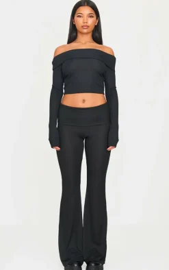 Outlet PrettyLittleThing Rib Low Rise Foldover Flared Pants Black