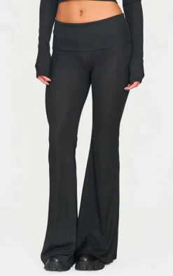Outlet PrettyLittleThing Rib Low Rise Foldover Flared Pants Black