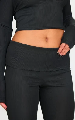 Outlet PrettyLittleThing Rib Low Rise Foldover Flared Pants Black