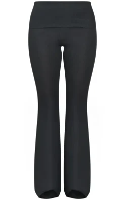 Outlet PrettyLittleThing Rib Low Rise Foldover Flared Pants Black