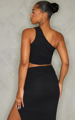 Sale PrettyLittleThing Rib One Shoulder Strappy Crop Top Black