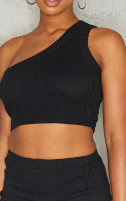 Sale PrettyLittleThing Rib One Shoulder Strappy Crop Top Black