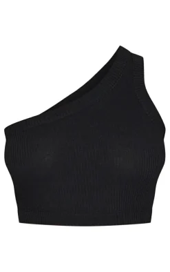 Sale PrettyLittleThing Rib One Shoulder Strappy Crop Top Black
