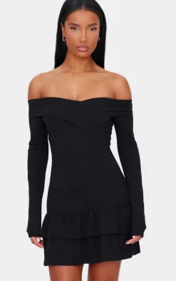 Ribbed Bardot Cross Over Bust Detail Shift Dress-PrettyLittleThing Outlet