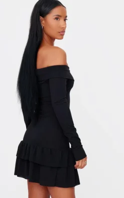 Ribbed Bardot Cross Over Bust Detail Shift Dress-PrettyLittleThing Outlet