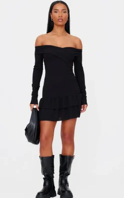 Ribbed Bardot Cross Over Bust Detail Shift Dress-PrettyLittleThing Outlet