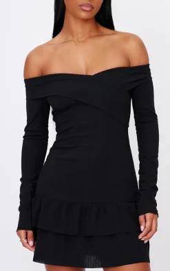 Ribbed Bardot Cross Over Bust Detail Shift Dress-PrettyLittleThing Outlet