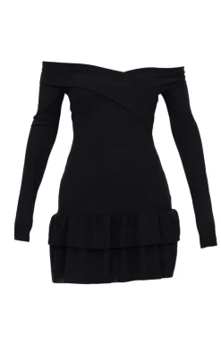 Ribbed Bardot Cross Over Bust Detail Shift Dress-PrettyLittleThing Outlet