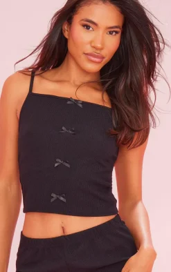 Black Ribbed Bow Detail Cami Pj Set