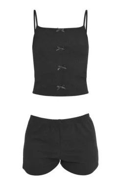 Black Ribbed Bow Detail Cami Pj Set
