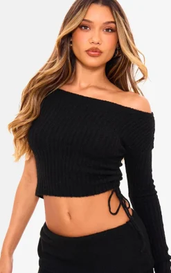 Discount PrettyLittleThing Ribbed Knit One Sleeve Ruched Side Top Black