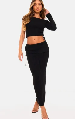 Discount PrettyLittleThing Ribbed Knit One Sleeve Ruched Side Top Black