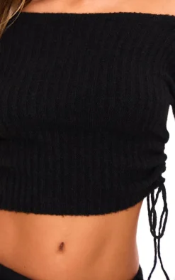 Discount PrettyLittleThing Ribbed Knit One Sleeve Ruched Side Top Black