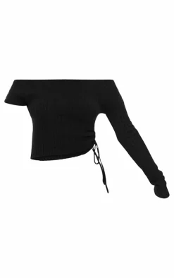 Discount PrettyLittleThing Ribbed Knit One Sleeve Ruched Side Top Black