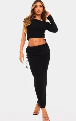 Sale PrettyLittleThing Ribbed Knit Ruched Fold Over Maxi Skirt Black