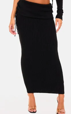 Sale PrettyLittleThing Ribbed Knit Ruched Fold Over Maxi Skirt Black