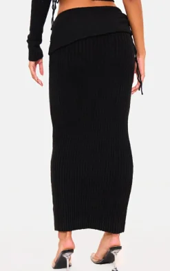 Sale PrettyLittleThing Ribbed Knit Ruched Fold Over Maxi Skirt Black