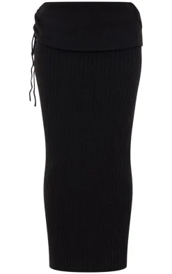 Sale PrettyLittleThing Ribbed Knit Ruched Fold Over Maxi Skirt Black