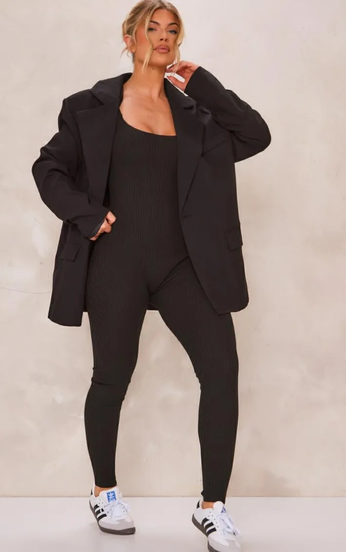 Black Ribbed Knitted Strappy Jumpsuit