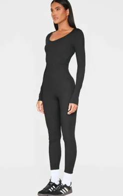 Black Ribbed Long Sleeve Scoop Neck Jumpsuit