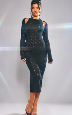 Ribbed Long Sleeve Cut Out Midi Dress-PrettyLittleThing Sale