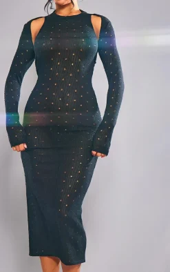 Ribbed Long Sleeve Cut Out Midi Dress-PrettyLittleThing Sale
