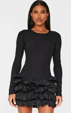 Ribbed Long Sleeve Frill Mini Dress-PrettyLittleThing Outlet