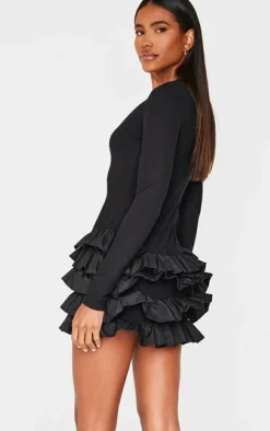 Ribbed Long Sleeve Frill Mini Dress-PrettyLittleThing Outlet