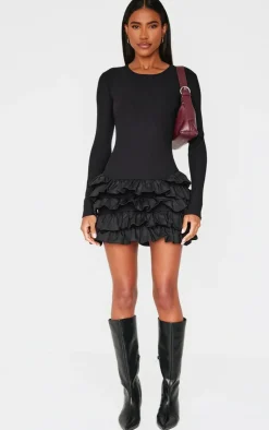 Ribbed Long Sleeve Frill Mini Dress-PrettyLittleThing Outlet