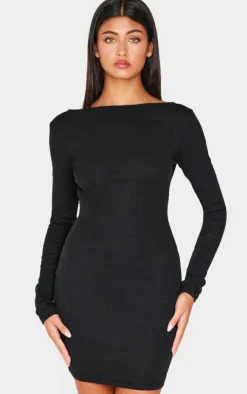 Ribbed Low Back Long Sleeve Bodycon Dress-PrettyLittleThing Online