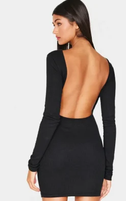 Ribbed Low Back Long Sleeve Bodycon Dress-PrettyLittleThing Online