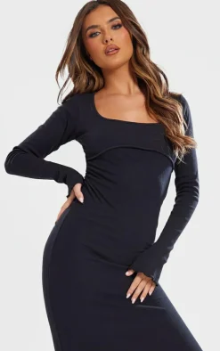 Ribbed Seam Detail Long Sleeve Midi Dress-PrettyLittleThing