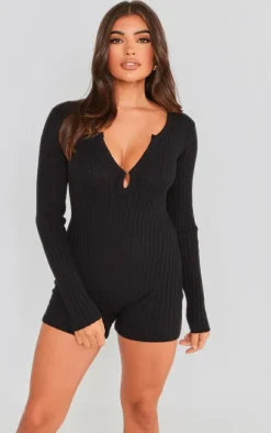 Black Ribbed Soft Knit Hook & Eye Romper