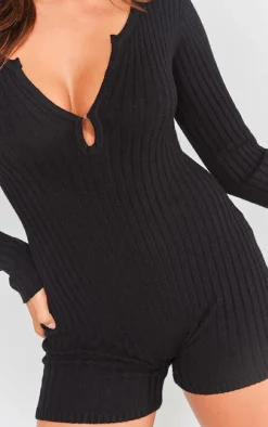 Black Ribbed Soft Knit Hook & Eye Romper