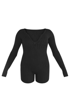 Black Ribbed Soft Knit Hook & Eye Romper