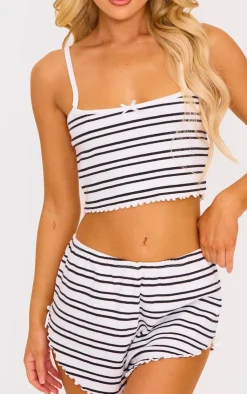 PrettyLittleThing Christmas Shop*Ribbed Stripe Lettuce Hem Cami And Short Pj Set