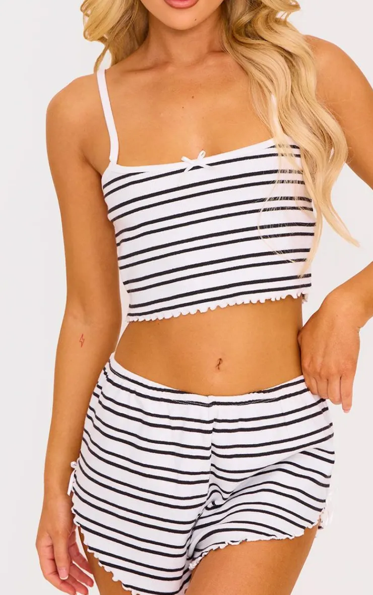 PrettyLittleThing Christmas Shop*Ribbed Stripe Lettuce Hem Cami And Short Pj Set
