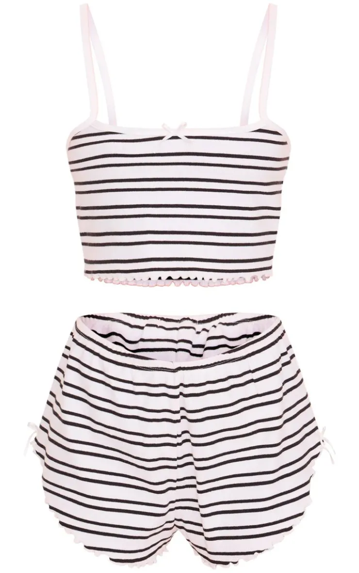 PrettyLittleThing Christmas Shop*Ribbed Stripe Lettuce Hem Cami And Short Pj Set