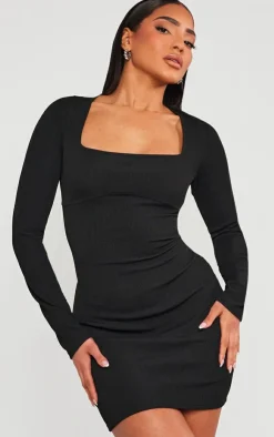 Ribbed Underbust Detail Long Sleeve Bodycon Dress-PrettyLittleThing