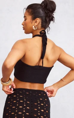 Outlet PrettyLittleThing Ring Detail Halter Tie Knit Bralet Black