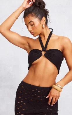 Outlet PrettyLittleThing Ring Detail Halter Tie Knit Bralet Black