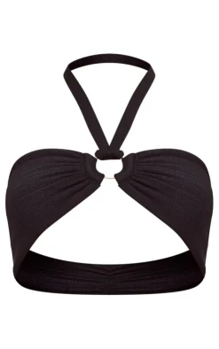 Outlet PrettyLittleThing Ring Detail Halter Tie Knit Bralet Black