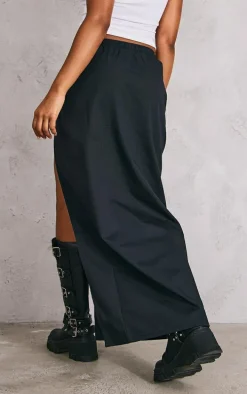Black Ripstop Split Thigh Drawstring Waist Maxi Skirt
