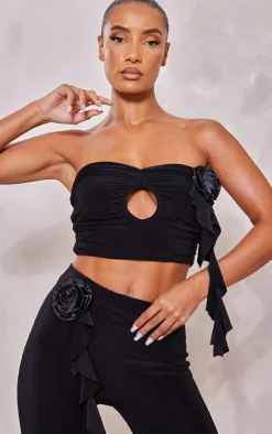Outlet PrettyLittleThing Rose Applique Slinky Ruched Bandeau Top Black